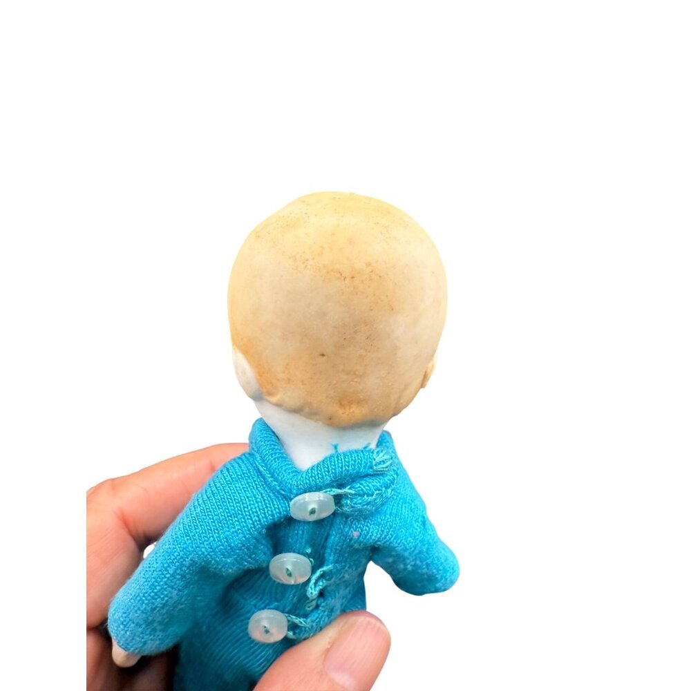 Vtg 7" Jointed Bisque Doll Turquoise Knit Outfit & Button Back Closure JAPAN - Picture 6 of 7